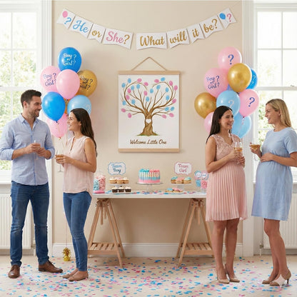 Fingerprint Tree Canvas Guestbook for Gender Reveal, 12x15 in Party Sign-in Keepsake Wall Art, Pink & Blue Ink Pads Included, Plush Storage Bag, Baby Shower Guest Book Alternative