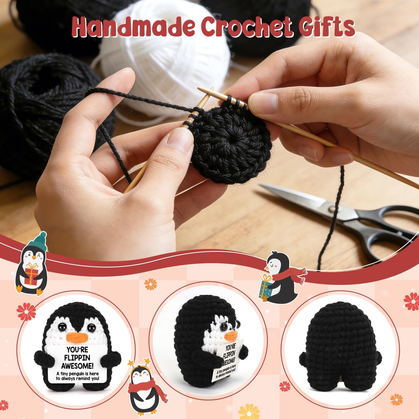 Mini Positive Crochet Penguin Birthday Gifts for Women, Funny Mothers Day Graduation Brithday Gifts for Women Men Boys Girls, Inspirational Appreciation Gifts for Adult Kid Teen Coworker Friend Decor