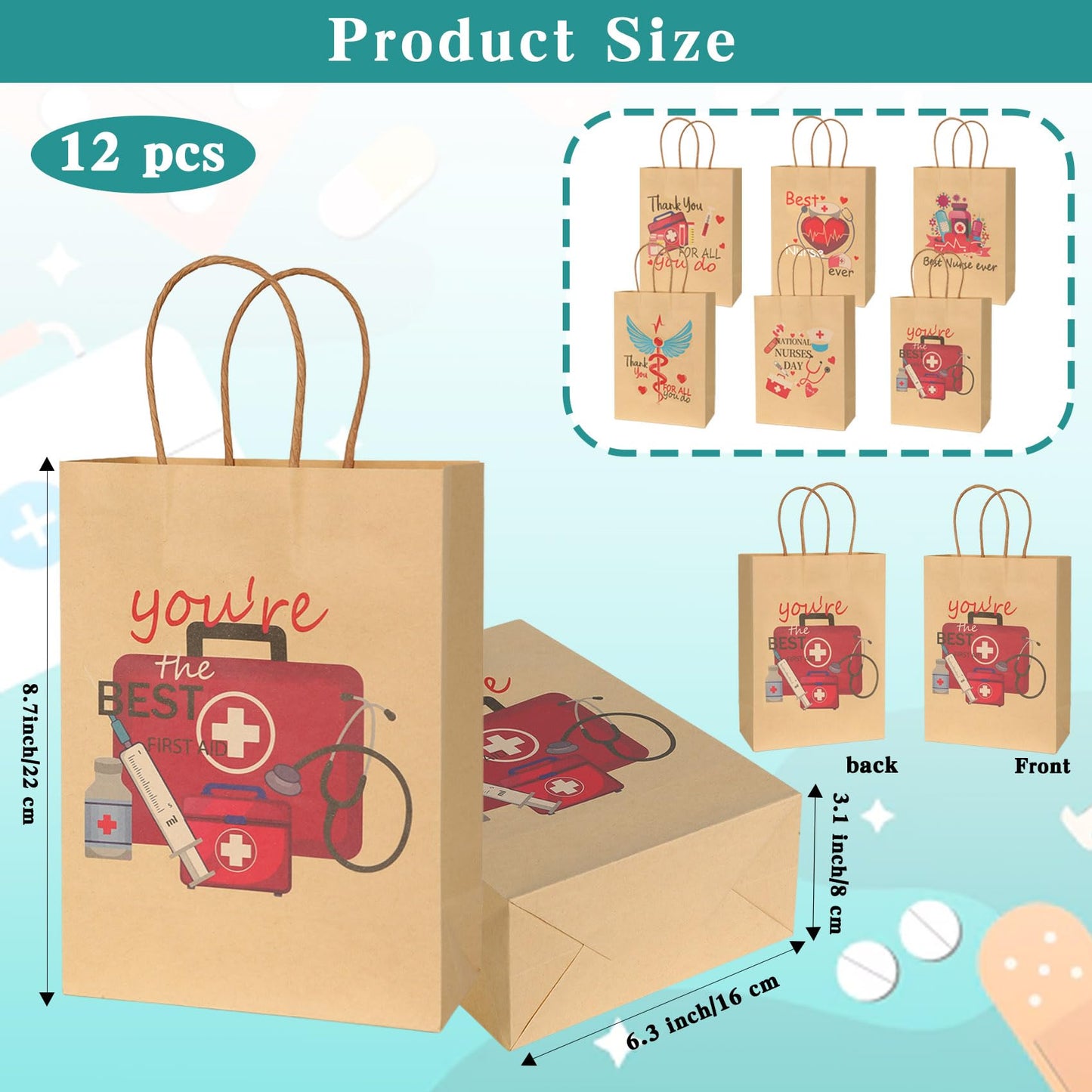 Nurse Gift Bag, 12 Pack Nurse Kraft Paper Treat Bags Nurses Week Gift Wrap Bags Healthcare Worker Goodie Bags Medical Assistant Gifts Bags with Handles for Nursing Day Medical Staff Gifts Supplies