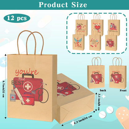 Nurse Gift Bag, 12 Pack Nurse Kraft Paper Treat Bags Nurses Week Gift Wrap Bags Healthcare Worker Goodie Bags Medical Assistant Gifts Bags with Handles for Nursing Day Medical Staff Gifts Supplies