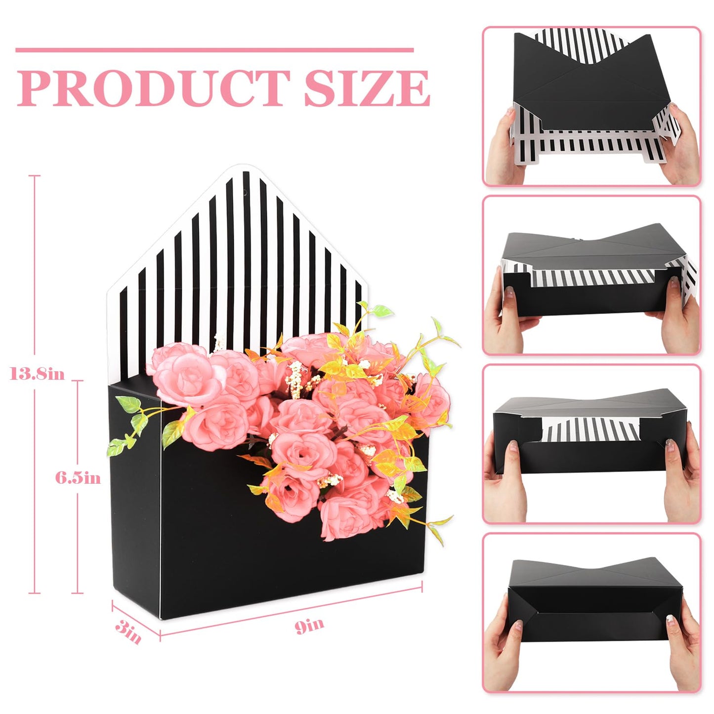 FYSUIMU 9Pcs Mother's Day Floral Envelope Box Empty Flower Stripe Paper Box Florist Bouquet Packaging Box for Valentine's Day Wedding Birthday Party Arrangements, Black