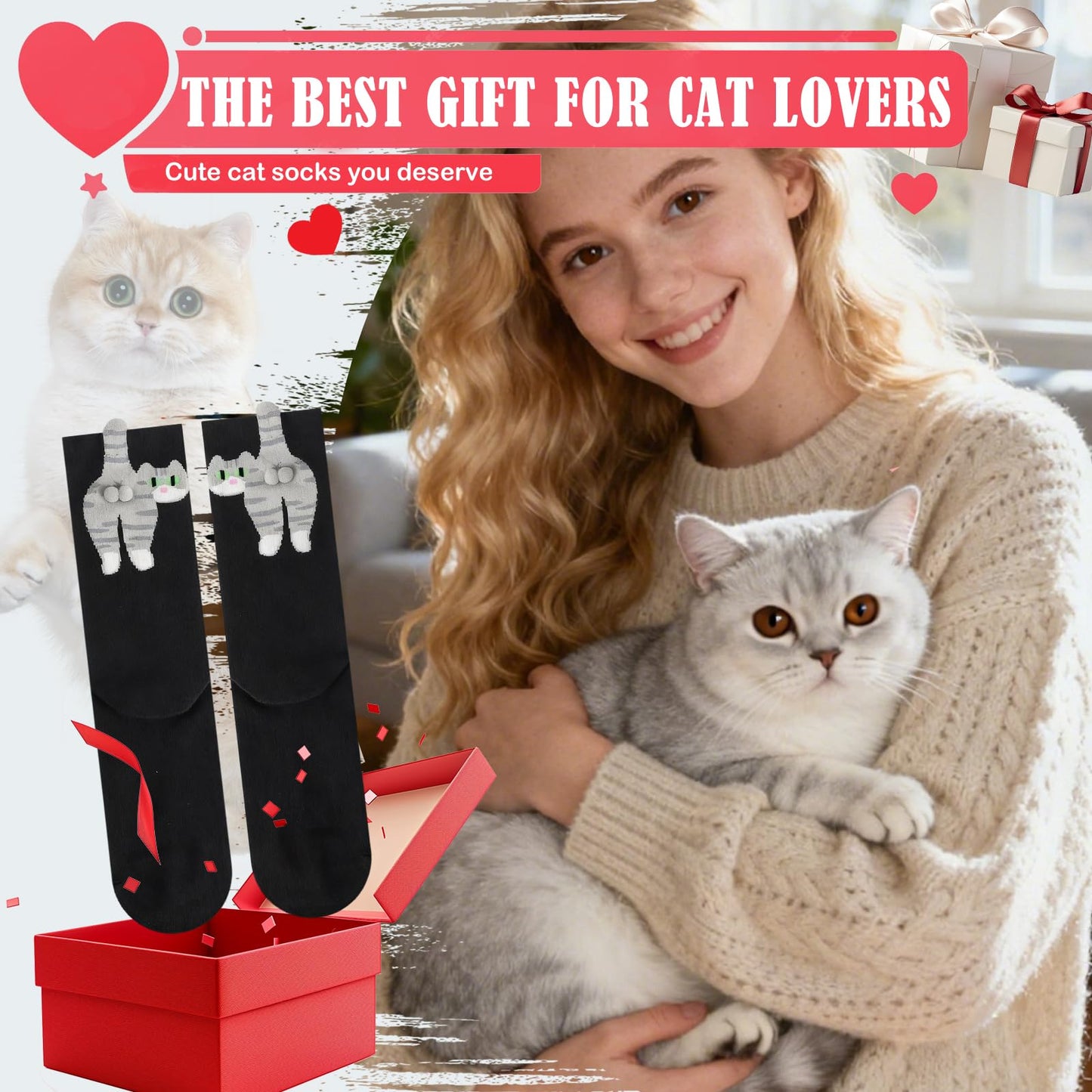 Cute cat balls socks, novelty fun animal socks cute fun white elephant gift for cat lovers