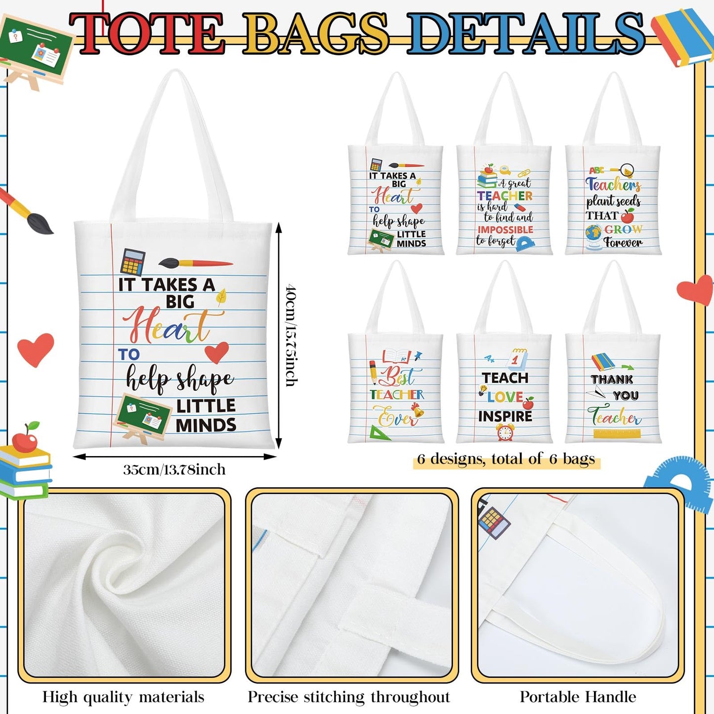 Paterr 12 Pcs Teacher Appreciation Gift Basket Filler Canvas Teacher Tote Bag Makeup Bag for Graduation School Classroom Gift