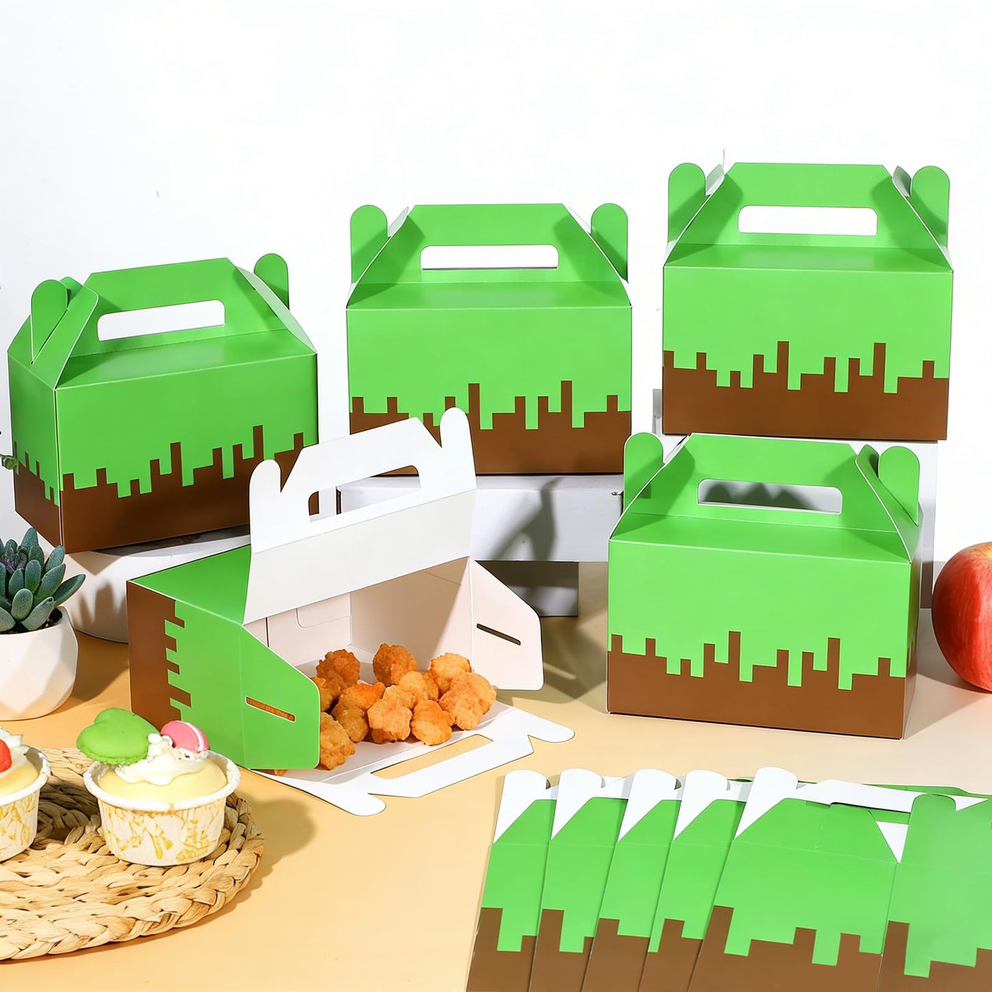 12Pcs Pixel Party Favors Gift Boxes Pixel Paper Treat Boxes Bulk Mining Themed Green Brown Video Game Birthday Goodie Candy Box for Kids Gamer Birthday Supplies Pixelated Party Baby Shower Decoration