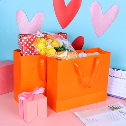 Welecom 20 Pcs Orange Paper Gift Bag Wide Handle Cardstock Paper Bags All-Occasion Paper Bags Heavy Duty Shopping Bags Reusable Business Bag Paper Gift Bags Take Out Bags with Tissue,11.8"*3.9"*9.84"