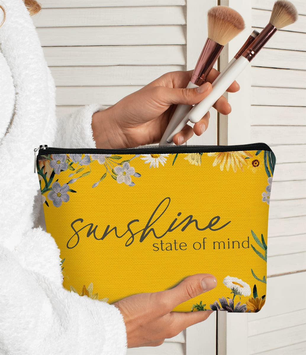 Sunshine State of Mind Summer Yellow Sunshine Inspirational Floral Makeup Bag Cosmetic Bag Gift for Teen Girls,Birthday Christmas Gifts for Women Friends Mom Wife Grandma Daughter Teacher Coworker