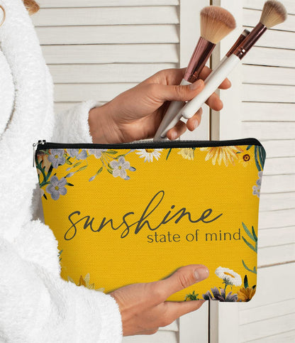 Sunshine State of Mind Summer Yellow Sunshine Inspirational Floral Makeup Bag Cosmetic Bag Gift for Teen Girls,Birthday Christmas Gifts for Women Friends Mom Wife Grandma Daughter Teacher Coworker