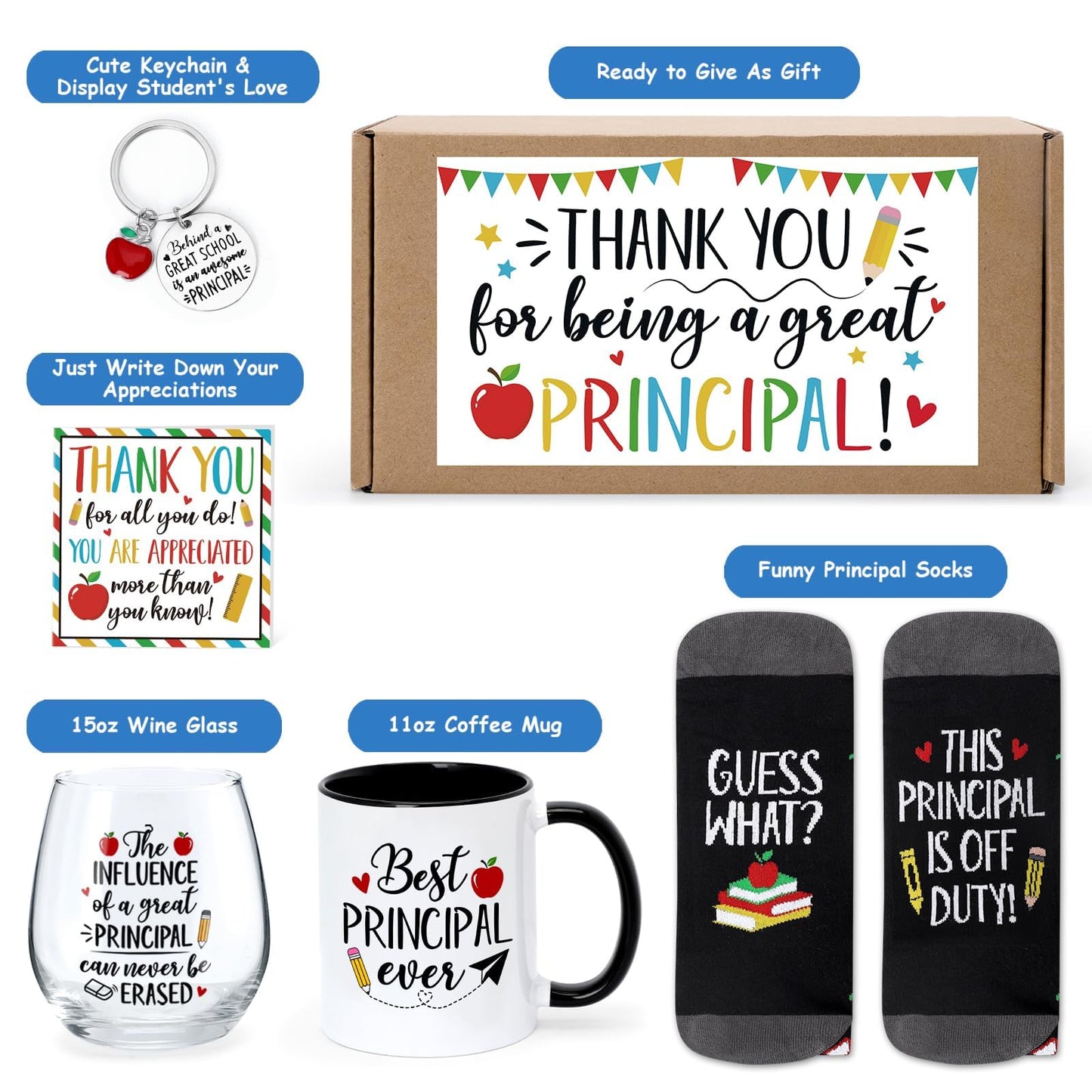 Nefelibata 5Pcs Principal Appreciation Gifts for Man Women School Assistant Funny Socks Wine Glass Coffee Mug Keychain Thank You Card Gift Box for Principal Work Graduation Christmas Retirement Gifts