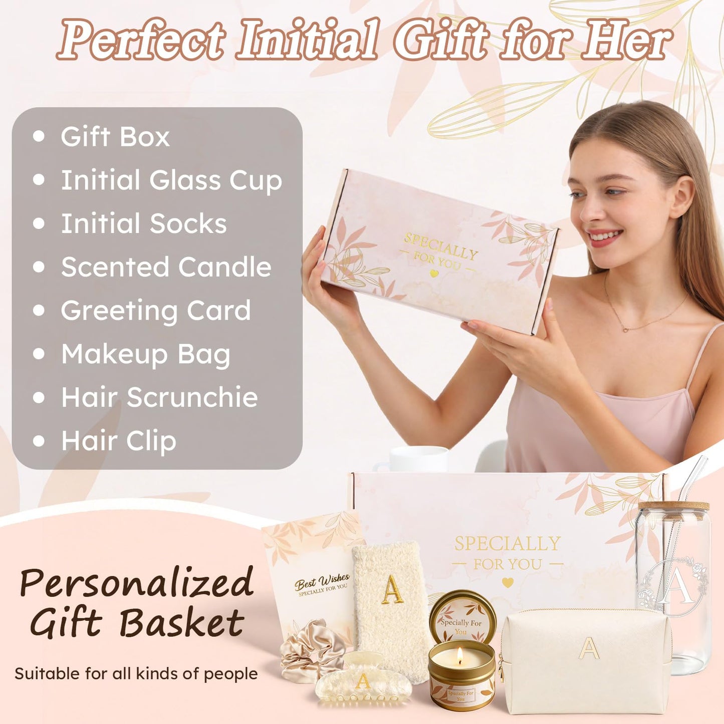 M Personalized Gifts for Women - Initial Cute Hair Clips + Glass Cups w/Lids Straws, Makeup Bag Monogrammed Gifts for Women，Unique Ideas Birthday Gift for Her, Christmas & Bridesmaid Gift