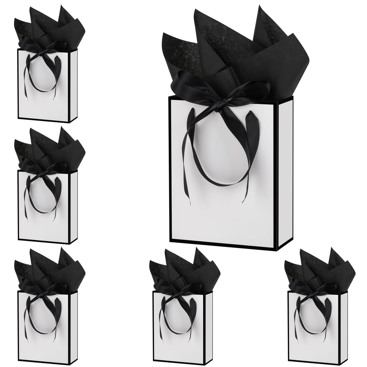 OEMVALATY 6 Pcs Thank You Gift Bags with Handles and Tissue Paper 9 x 7 x 3. 15'' Elegant Welcome Gift Bags with Bow Ribbon for Wedding Bridesmaid Baby Shower Groomsmen Birthday Party(White, Black)