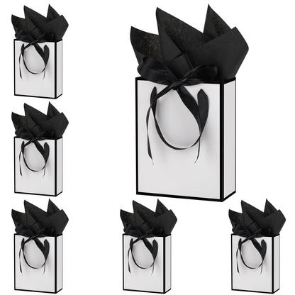 OEMVALATY 6 Pcs Thank You Gift Bags with Handles and Tissue Paper 9 x 7 x 3. 15'' Elegant Welcome Gift Bags with Bow Ribbon for Wedding Bridesmaid Baby Shower Groomsmen Birthday Party(White, Black)