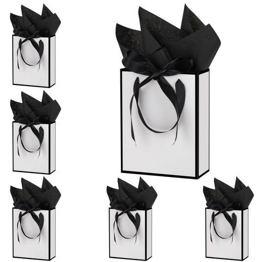 OEMVALATY 6 Pcs Thank You Gift Bags with Handles and Tissue Paper 9 x 7 x 3. 15'' Elegant Welcome Gift Bags with Bow Ribbon for Wedding Bridesmaid Baby Shower Groomsmen Birthday Party(White, Black)