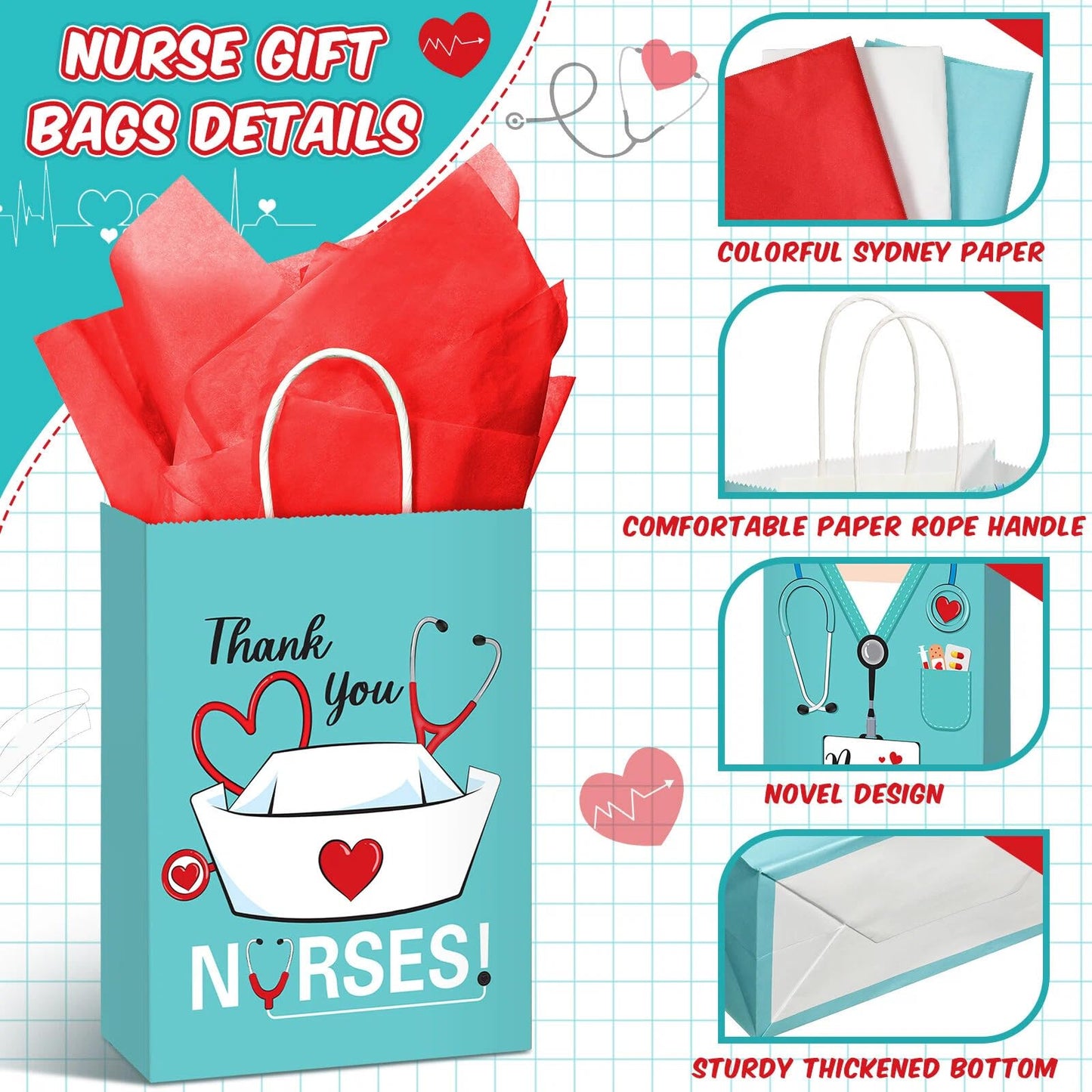 Sabary 24 Pcs Nurse Gift Bags 9 x 7 Inch, Nursing Graduation Party Thank You Nurse Paper Goodie Bags with Tissue Paper Decor for Medical Themed Birthday RN Nursing Graduation Party Favor Supplies