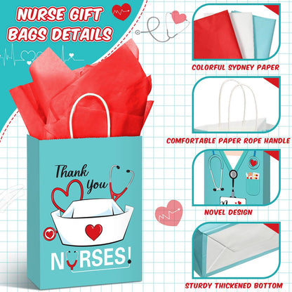Sabary 24 Pcs Nurse Gift Bags 9 x 7 Inch, Nursing Graduation Party Thank You Nurse Paper Goodie Bags with Tissue Paper Decor for Medical Themed Birthday RN Nursing Graduation Party Favor Supplies