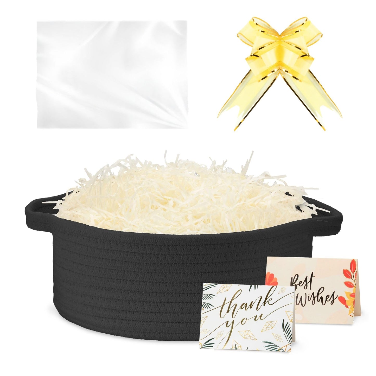 momolette Basket for Gifts Empty, Woven Gift Basket Set with Gift Bag, Ribbon, Greeting Cards & 5.3 oz Raffia Paper Filler for Birthdays, Baby Showers, Weddings, Holidays (Black)