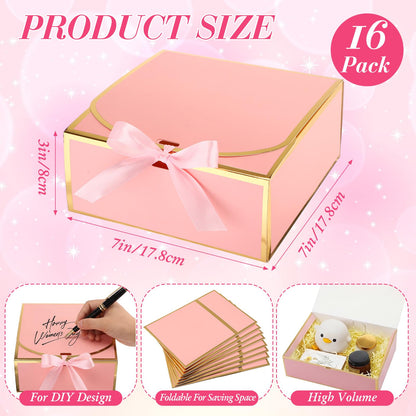 Jaloro 16 Pack Pink Gift Boxes with Lids, 7x7x3 Inch Bridesmaid Proposal Box with Ribbons for Present Wedding, Birthday, Anniversary, Mother's Day, Graduation, Baby Shower, Cupcake Packaging