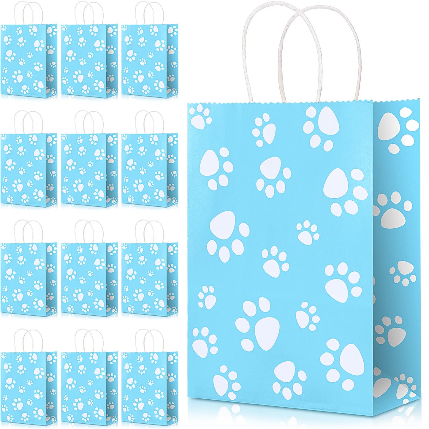 Blulu 20 Pcs Puppy Dog Paw Gift Bags with Paper Twist Handles, Dog Gift Paper Paw Treat Goodie Bags for PET Treat Party Favor, 6.3 x 3.1 x 8.6 Inch(Blue Backing)