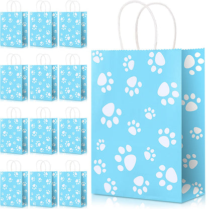 Blulu 20 Pcs Puppy Dog Paw Gift Bags with Paper Twist Handles, Dog Gift Paper Paw Treat Goodie Bags for PET Treat Party Favor, 6.3 x 3.1 x 8.6 Inch(Blue Backing)