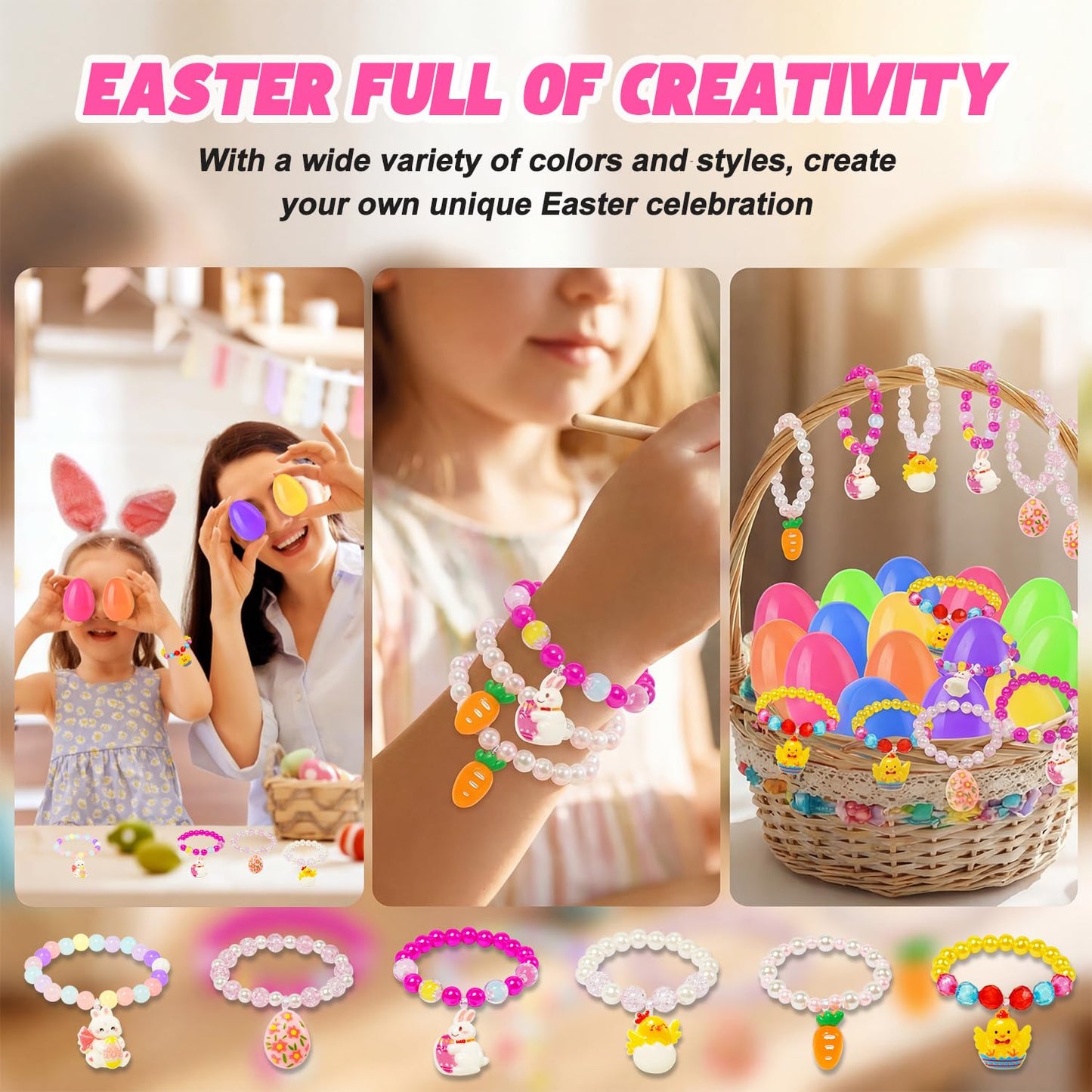 12 Pack Easter Basket Stuffers with Girls Jewelry Bracelets, Easter Eggs Gifts, Egg Hunt Surprise Toys, Easter Basket Stuffers for Girls Toddler Teens