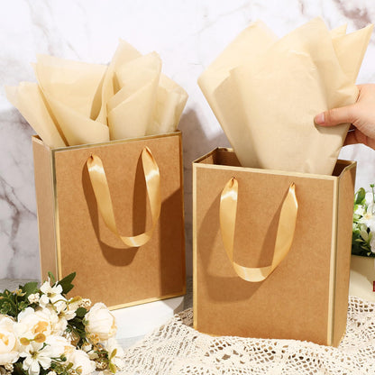 Yeaqee 10 Pack Metallic Paper Gift Bags with Handle Tissue Paper Thank You 5 Senses Gift Bag for Birthday Wedding Baby Shower Groomsmen Bridal Graduation Party Favor 9 x 7 x 3.15''(Kraft,Gold)
