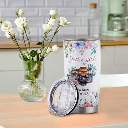 kwsnatel Photographer Gifts for Women - Just a Girl Who Loves Photography Tumbler with Lid - Birthday Gifts for Women Photographer - Traveling Cups for Her - Cute Flower Camera Coffee Mug 20oz