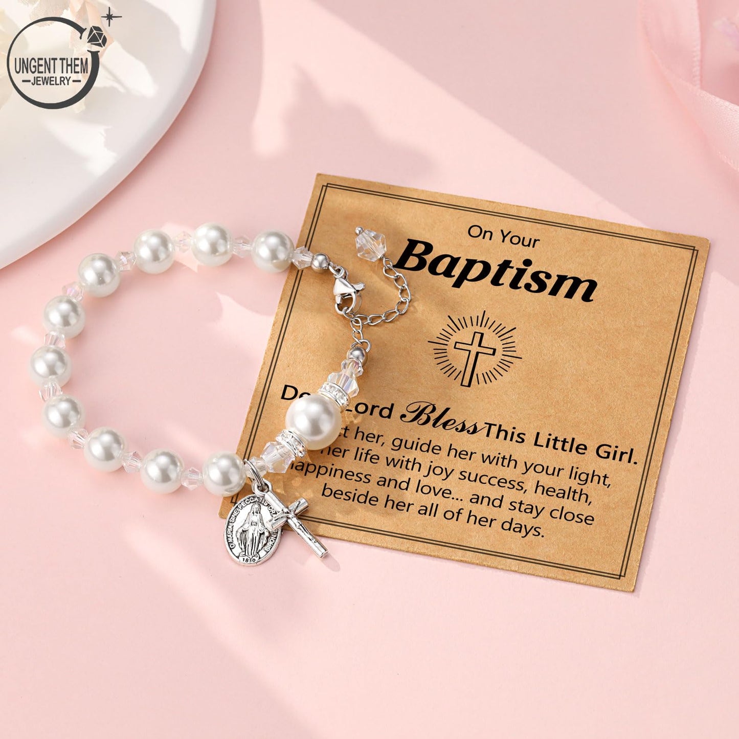 UNGENT THEM Rosary Cross Pearl Bracelet Baptism Communion Catholic Confirmation Easter Gifts for Girls Granddaughter Daughter Niece