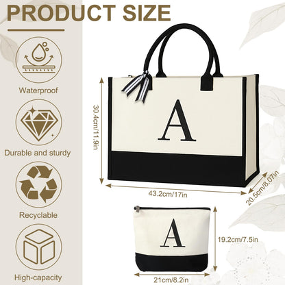 Personalized Canvas Tote Bag for Women Makeup Pouch Initial Beach Bag Removable Bottom Board for Travel Birthday