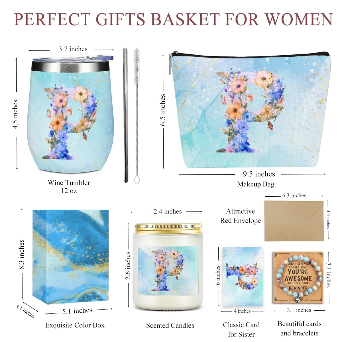 Personalized Gifts for Women Monogrammed Birthday Gifts for Women, Wife Girlfriend Wedding Christmas, Initial Wine Tumbler Makeup Bag Scented Candle Bracelet Set, (Aesthetic Blue Flower P)