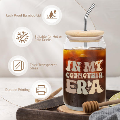 Godmother Proposal Gifts for Women: In My Godmother Era 16oz Coffee Glass Cup - Pregnancy Announcement Gifts for Mother's day Christmas Birthday From Godchild