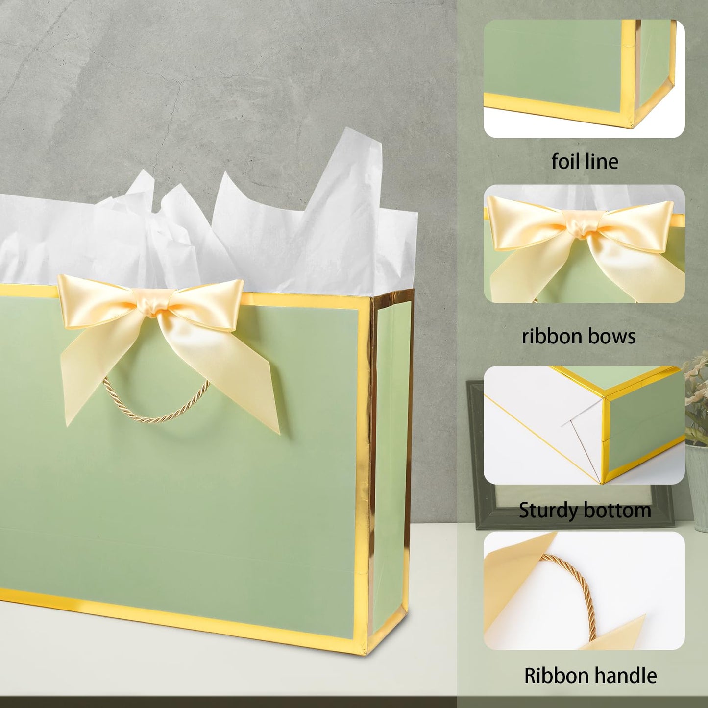Plauthus Sage Green Gift Bag with Ribbon, 13" Large Gift Bag with Handle, Greeting Card & 2 Tissue Paper（Gold Foil Frame） for Baby, Baby Shower, Weddings, Bridal Showers, Engagements, Any Occasion