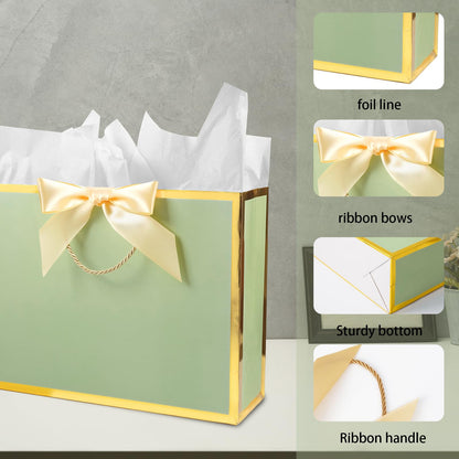 Plauthus Sage Green Gift Bag with Ribbon, 13" Large Gift Bag with Handle, Greeting Card & 2 Tissue Paper（Gold Foil Frame） for Baby, Baby Shower, Weddings, Bridal Showers, Engagements, Any Occasion