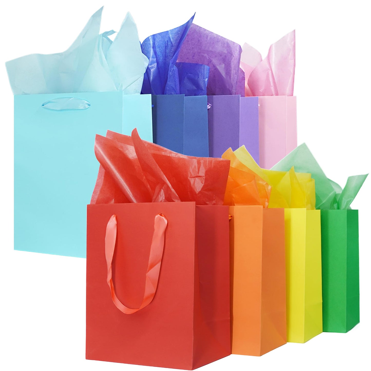 MOXARYSU 8 Pcs Medium Gift Bags With Handles: 8x5x10 Rainbow Colour Gift Bags Kraft Paper Party Favor Bags With 16 Tissues For Party,Birthday,Baby Shower,Wedding（8 Colors）