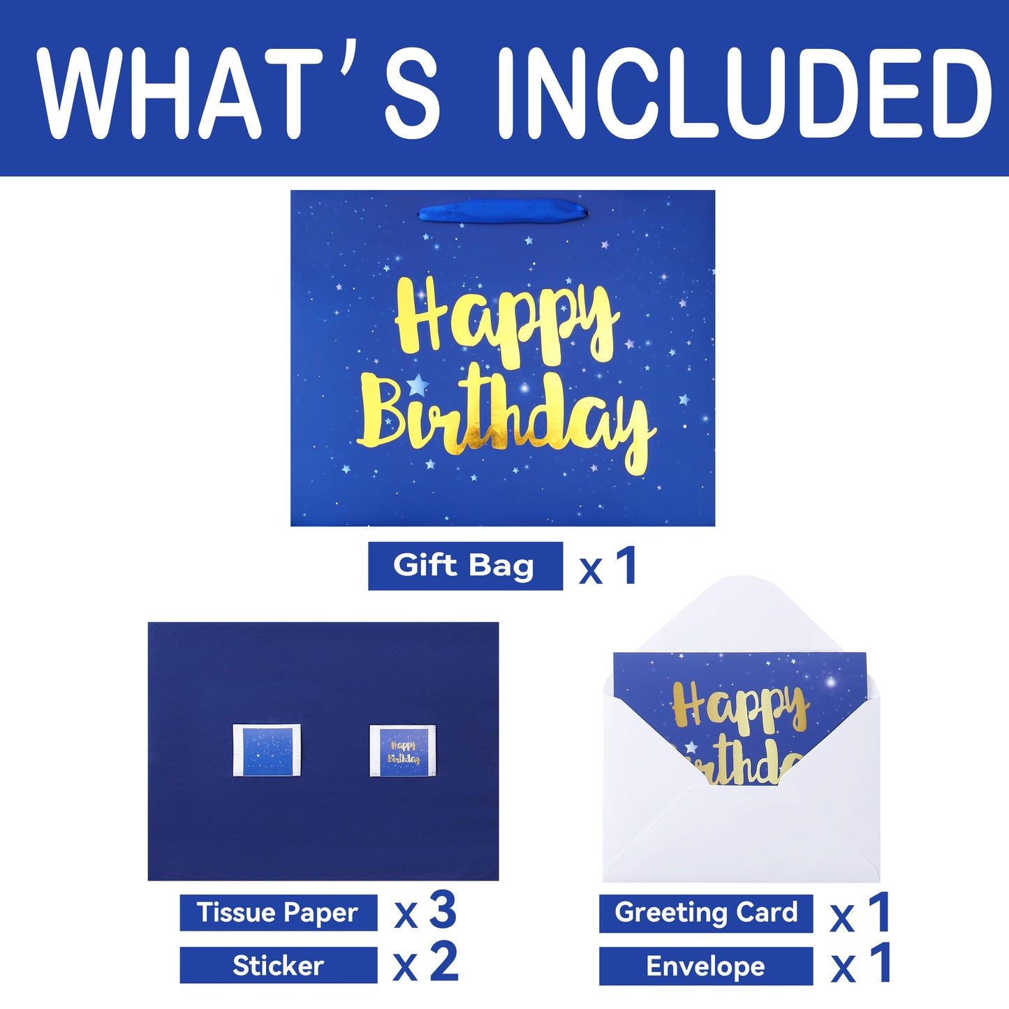 Qirrmiy 13" Large Blue Gift Bag Set with Greeting Card and Tissue Papers (Stars and Gold Foil‘Happy Birthday’) for Men's or Boys, Girls or Kids, Baby, Husband, Father