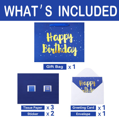 Qirrmiy 13" Large Blue Gift Bag Set with Greeting Card and Tissue Papers (Stars and Gold Foil‘Happy Birthday’) for Men's or Boys, Girls or Kids, Baby, Husband, Father
