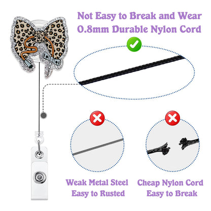 Leopard Bow Phlebotomy Nurse Badge Reel Retractable, Funny Phlebotomist Badge Reel for Work, Personalized Phlebotomy Tech Gifts, Cute Phleb Badge Holder with Alligator Clip & 24” Durable Nylon Cord
