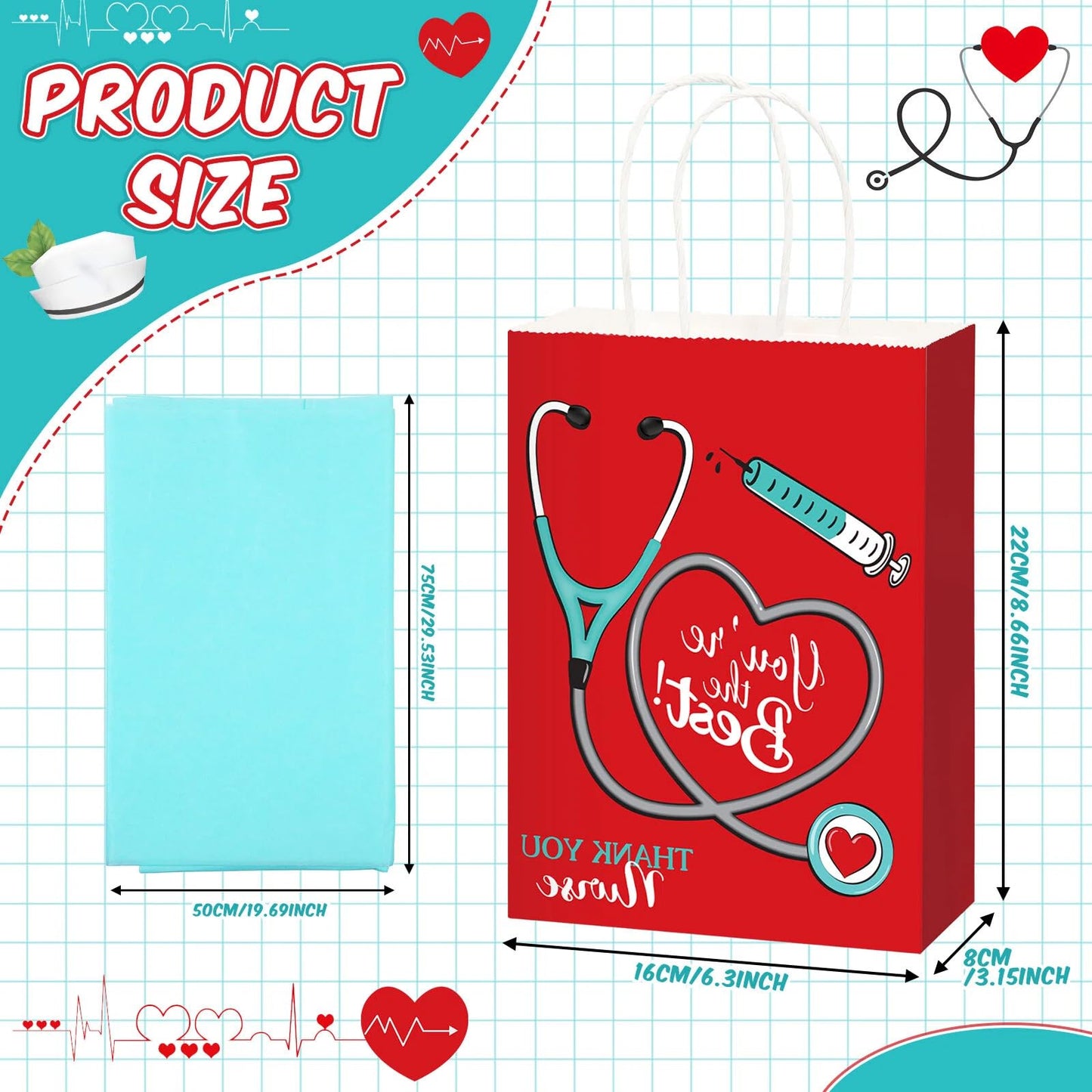 Sabary 24 Pcs Nurse Gift Bags 9 x 7 Inch, Nursing Graduation Party Thank You Nurse Paper Goodie Bags with Tissue Paper Decor for Medical Themed Birthday RN Nursing Graduation Party Favor Supplies