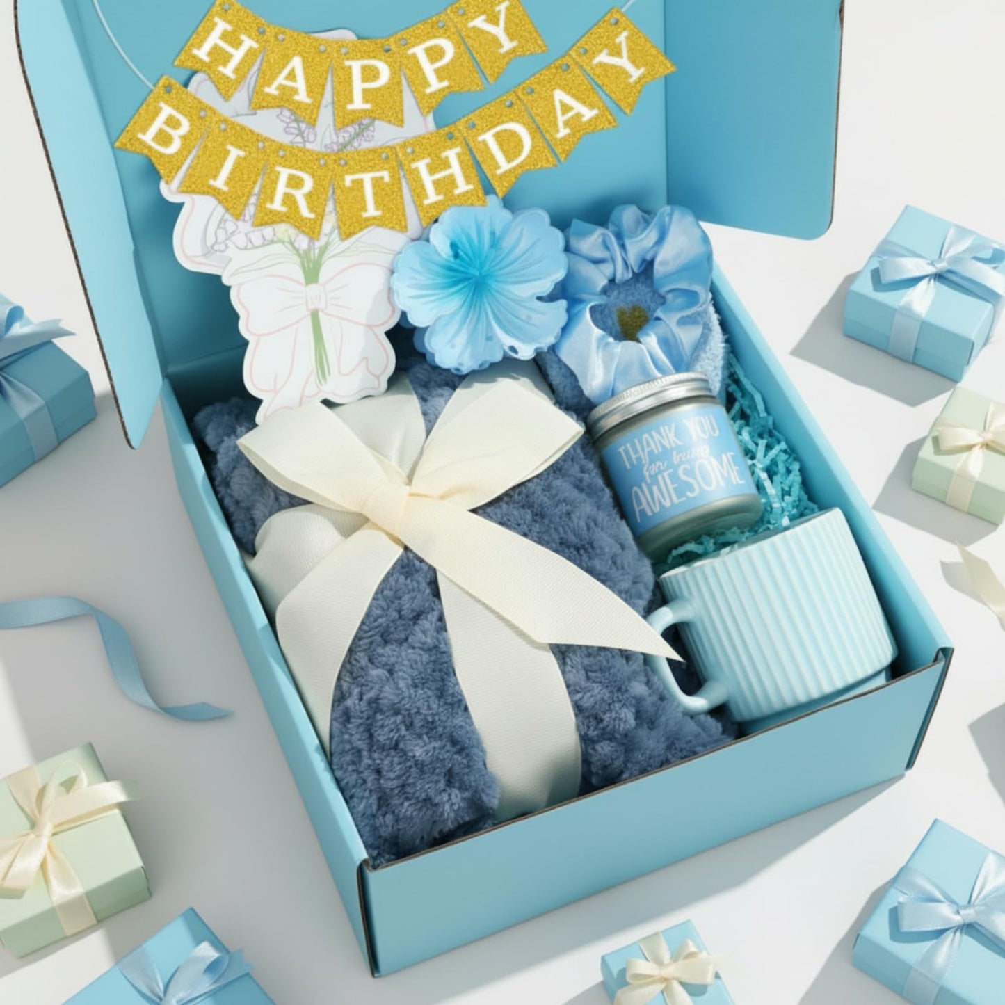 Zopeal Birthday Gifts Baskets for Women with Custom Banner, Gifts Relaxing Spa Package Thank You Box for Her Mom Sister Friend Wife Teacher Coworker(Blue)