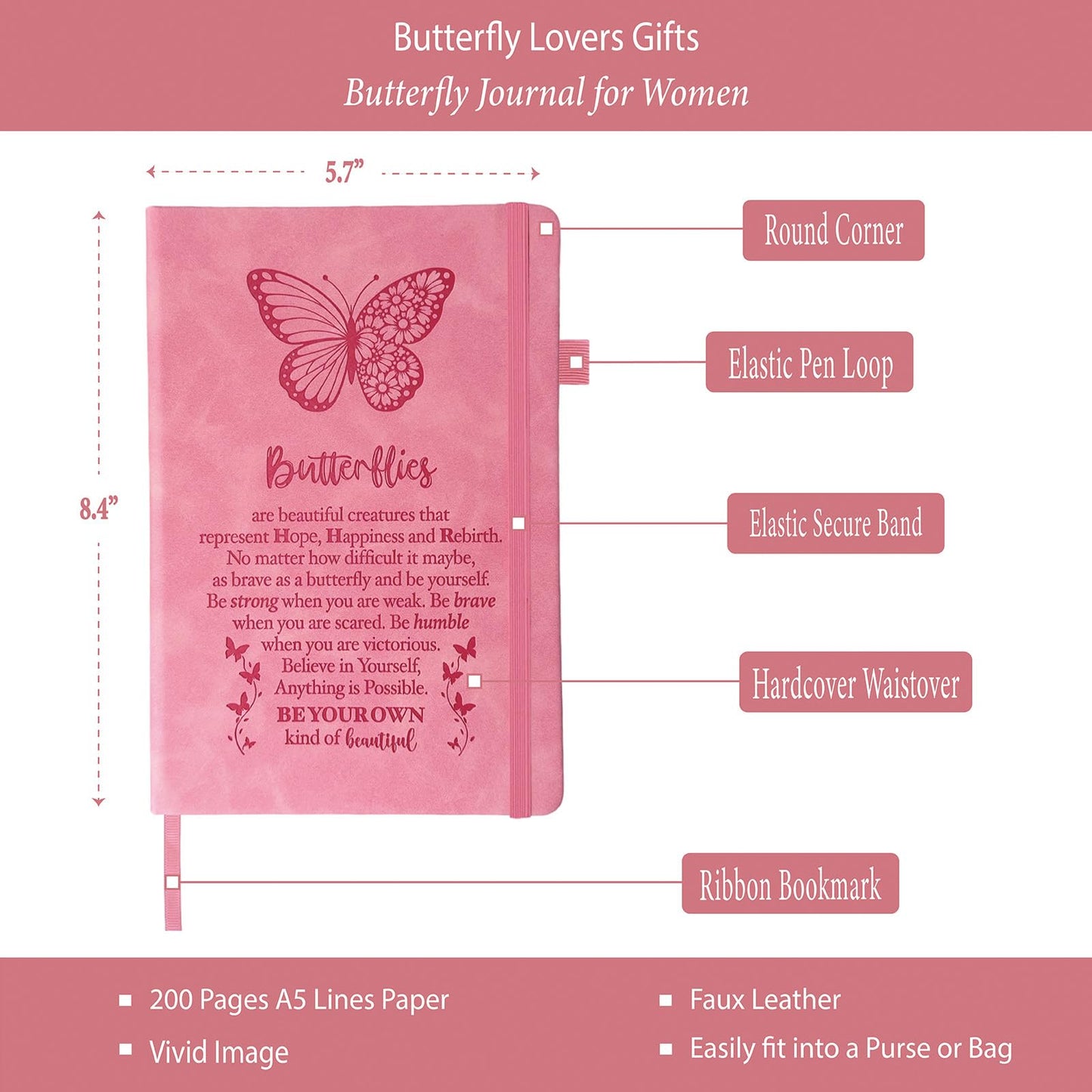 Butterfly Gifts Women, Butterfly Journal Pink 200 Pages Notebook A5 Lined with Pen and Keychain, Inspiration Gift for Butterfly Lovers Birthday Housewarming Going Away Retirement Christmas