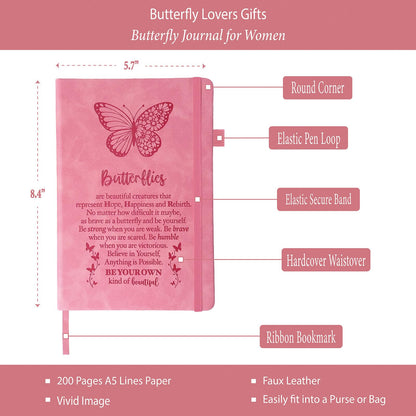 Butterfly Gifts Women, Butterfly Journal Pink 200 Pages Notebook A5 Lined with Pen and Keychain, Inspiration Gift for Butterfly Lovers Birthday Housewarming Going Away Retirement Christmas