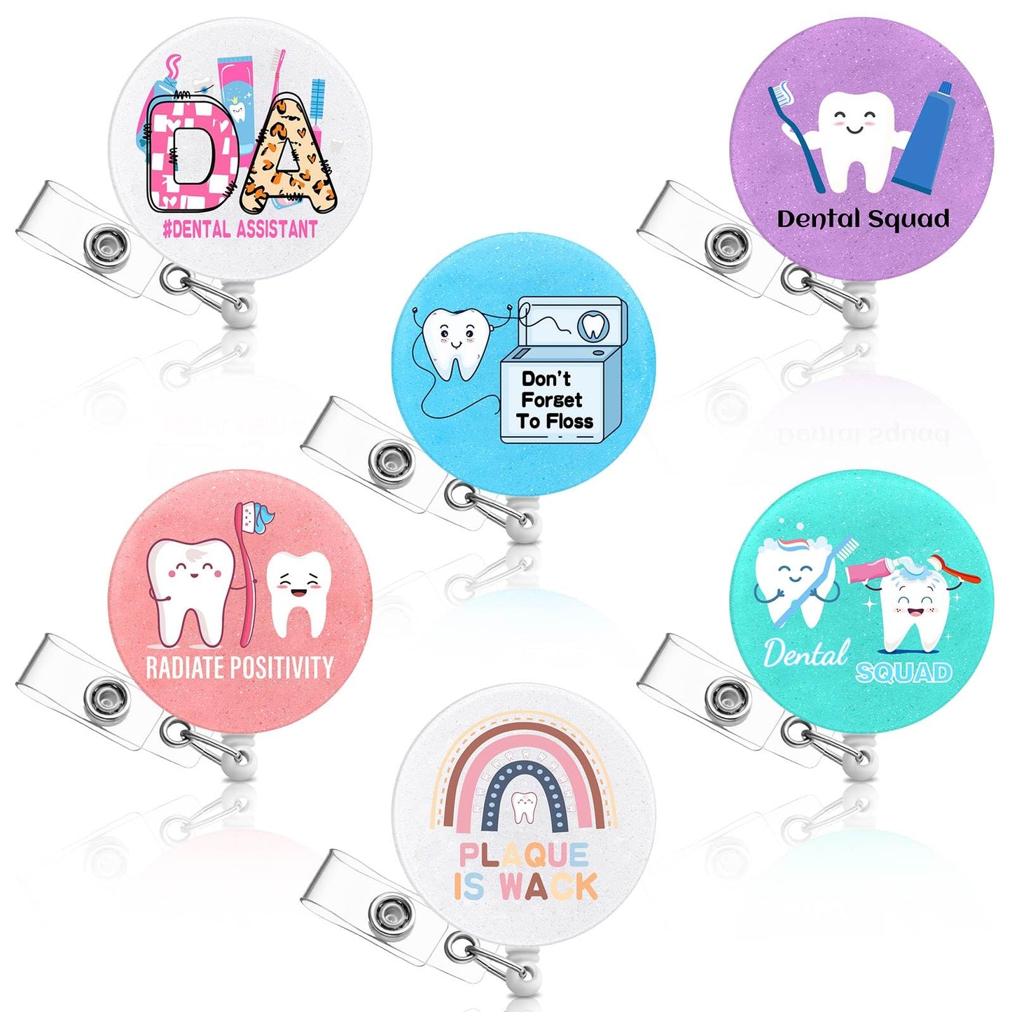 Hoteam 6 Pcs Dental Badge Reels Dental Assistant Week Gifts Teeth Retractable ID Badge Holders with Alligator Clip Healthcare Appreciation Gifts for Dentist Hygienist Doctor Nurse Graduation