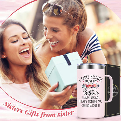 Lifecapido Sister Gifts from Sisters, I Smile Because You’re My Sister 20oz Insulated Coffee Mug with Keychain, Birthday Christmas Mothers Day Gifts for Sisters, Rose Quartz