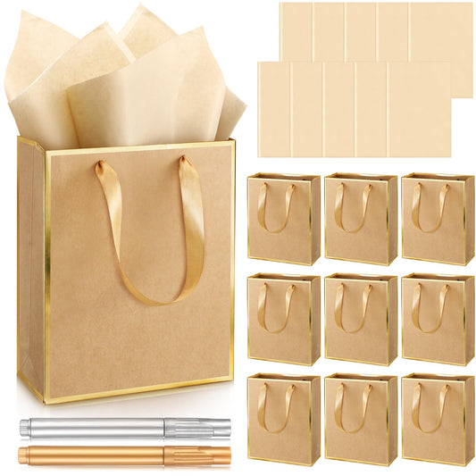 Yeaqee 10 Pack Metallic Paper Gift Bags with Handle Tissue Paper Thank You 5 Senses Gift Bag for Birthday Wedding Baby Shower Groomsmen Bridal Graduation Party Favor 9 x 7 x 3.15''(Kraft,Gold)