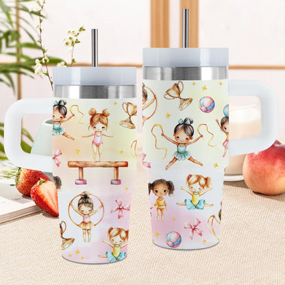 Gymnastics Gifts, 14 Oz Gymnastic Tumbler with Handle & Straw, Thanksgiving Christmas Birthday Gift for Gymnastics Coach, Gymnastic Stainless Steel Tumbler for Daughter, Dance Gifts, 1 PCS
