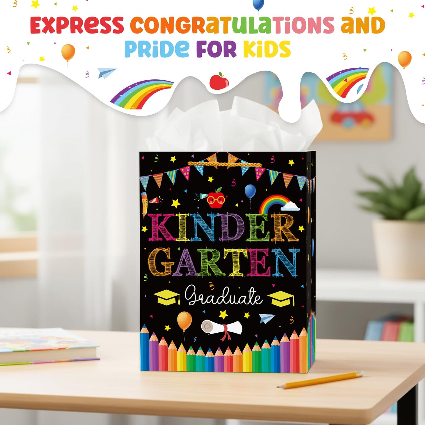 WhatSign Kindergarten Graduation Gift Bags - Graduation Bags for Kids 11.5" Medium Preschool Pre K Gift Bag with Tissue Paper and Handle Party Favor Bag for Boys Girls