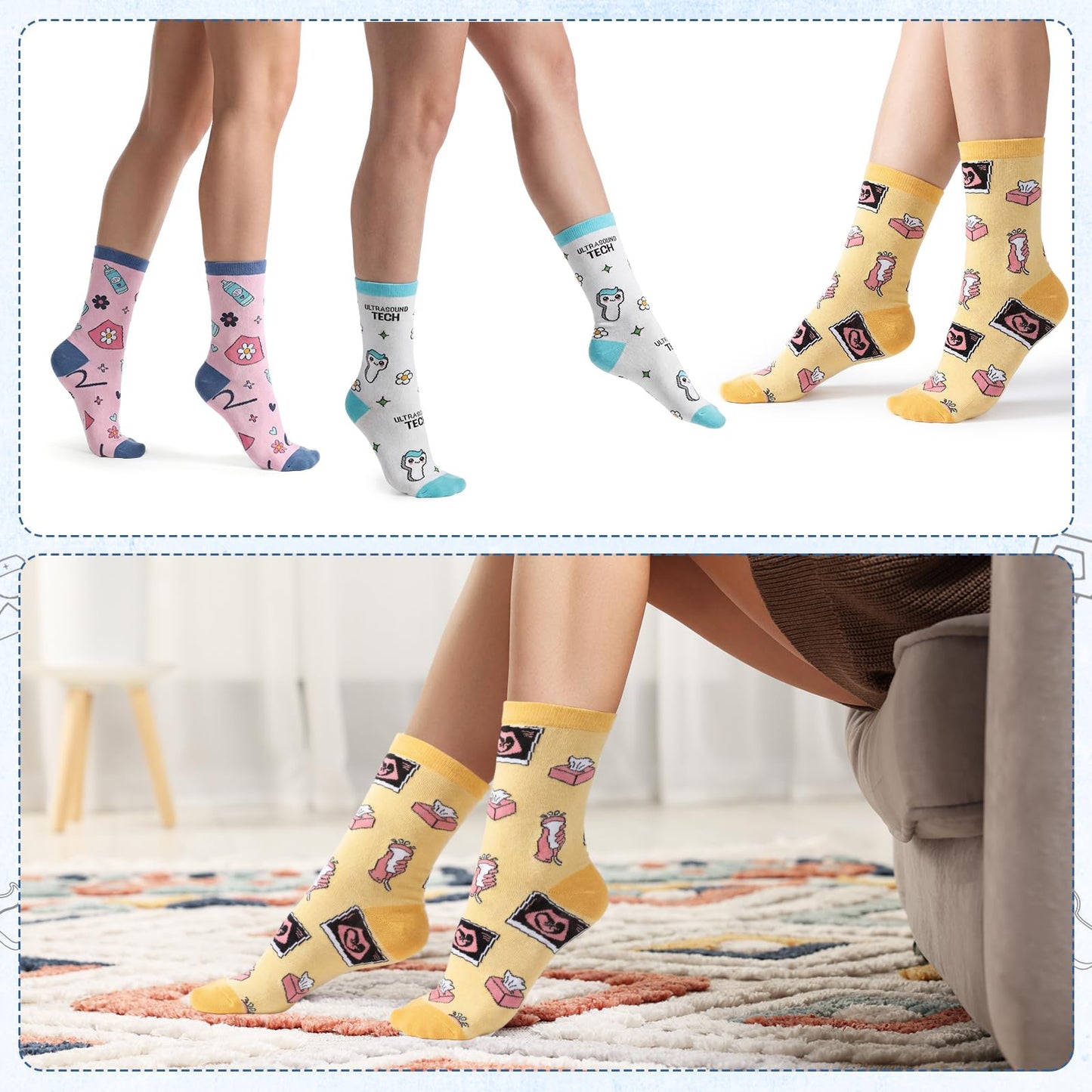 Glitopper 12 Pairs Sonographer Socks Set Fun Ultrasound Tech Gift with Fun Medical Theme Designs Stretchy Socks for Radiology Nurses Doctors Medical Professionals