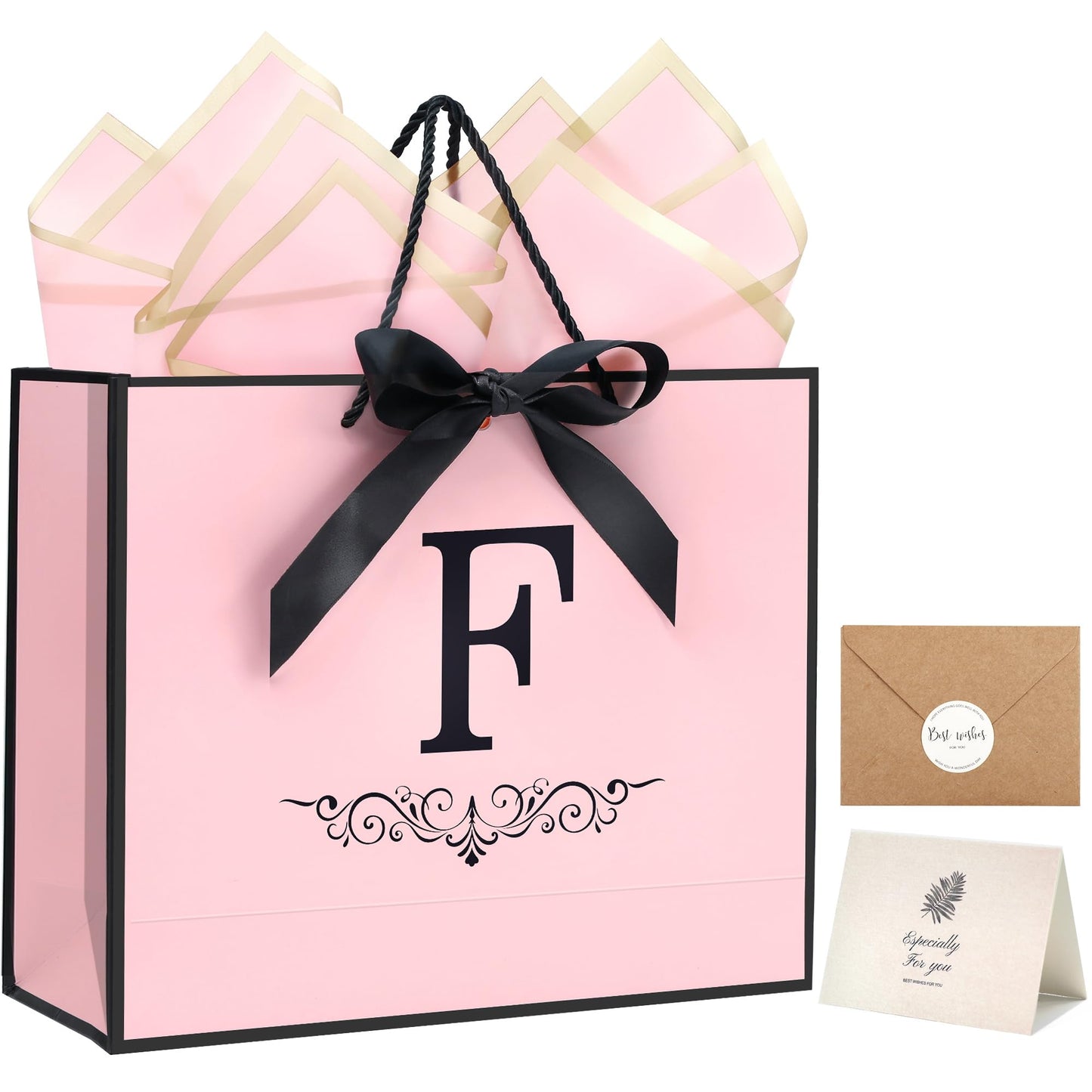 KeerXunBag personalized pink gift Bag with the first letter F- a letter combination paper bag set featuring bows, tissues, greeting cards and envelopes, suitable for ladies, girls' birthdays and weddings