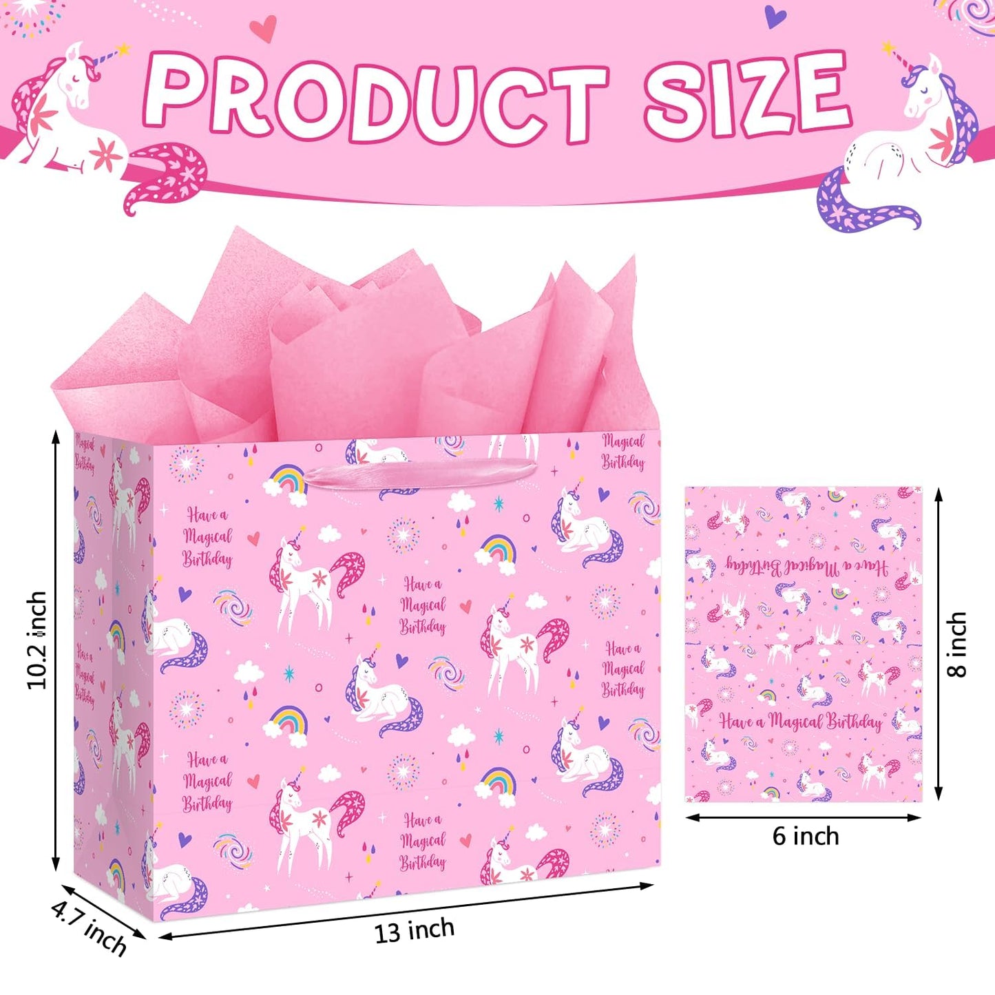 Reyoust 13" Large Magical Pink Unicorn Happy Birthday Gift Bag Set With Tissue Paper and Greeting Card Rainbow and Clouds Birthday Party Decorations for Girls Kids 13" L x 10.2" H x 4.9" D