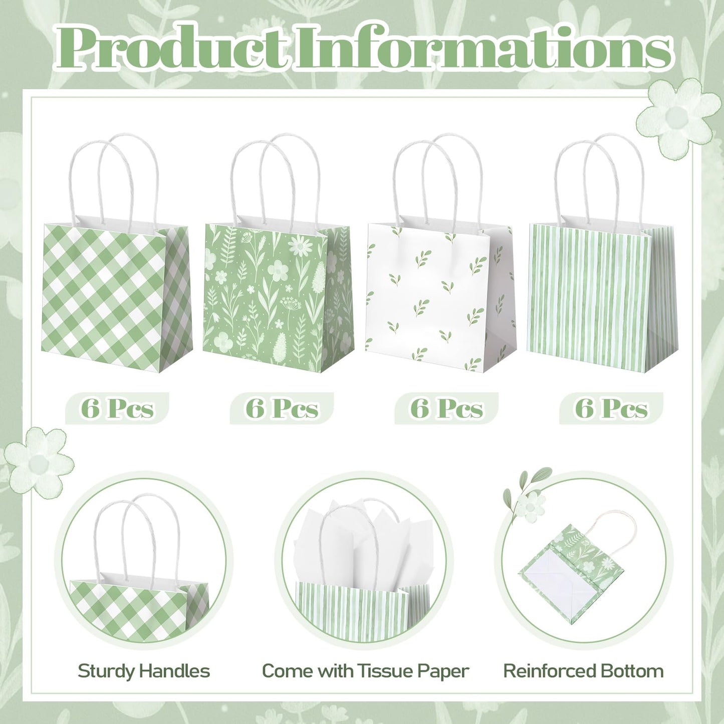 Silkfly 24 Pack Mini Sage Green Gift Bags with Handles & Tissue Paper Small Spring Floral Flower Candy Goodie Bag for Women Baby Shower Tea Party Bridesmaid Birthday Wedding Supplies, 5x5x3 Inch