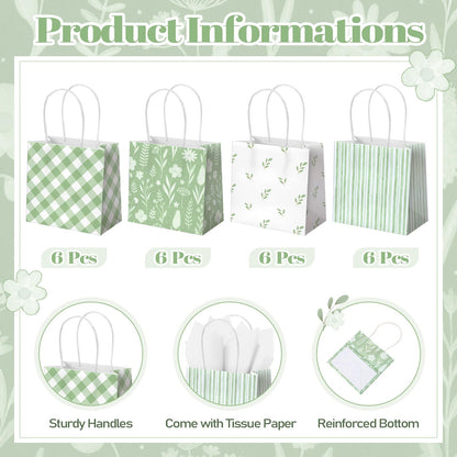 Silkfly 24 Pack Mini Sage Green Gift Bags with Handles & Tissue Paper Small Spring Floral Flower Candy Goodie Bag for Women Baby Shower Tea Party Bridesmaid Birthday Wedding Supplies, 5x5x3 Inch