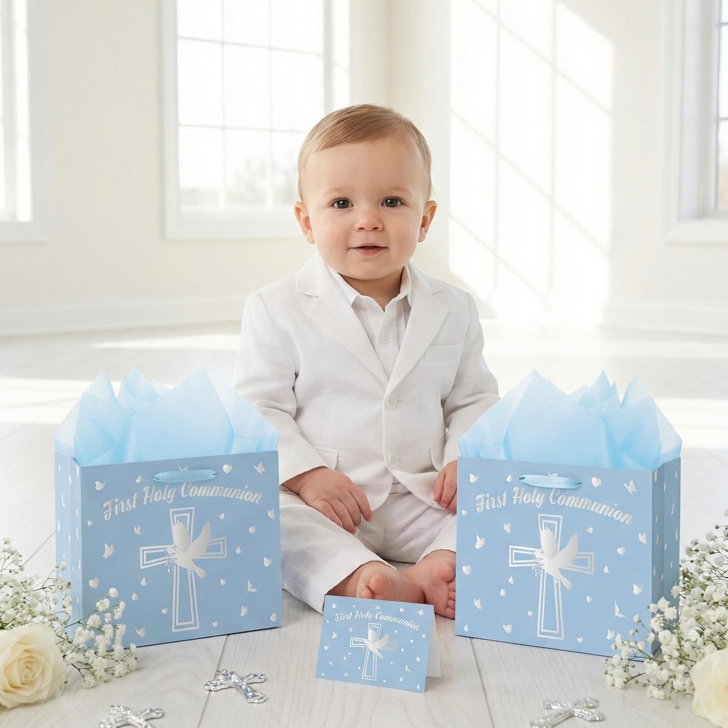 Yomaiha Blue First Holy Communion Gift Bag with Wrapping Paper and Greeting Card, Silver Cross Gift Bag with Pigeon Design Christian Religious Wrapping Paper Bag for Baby Boy Baptism Party Supplies